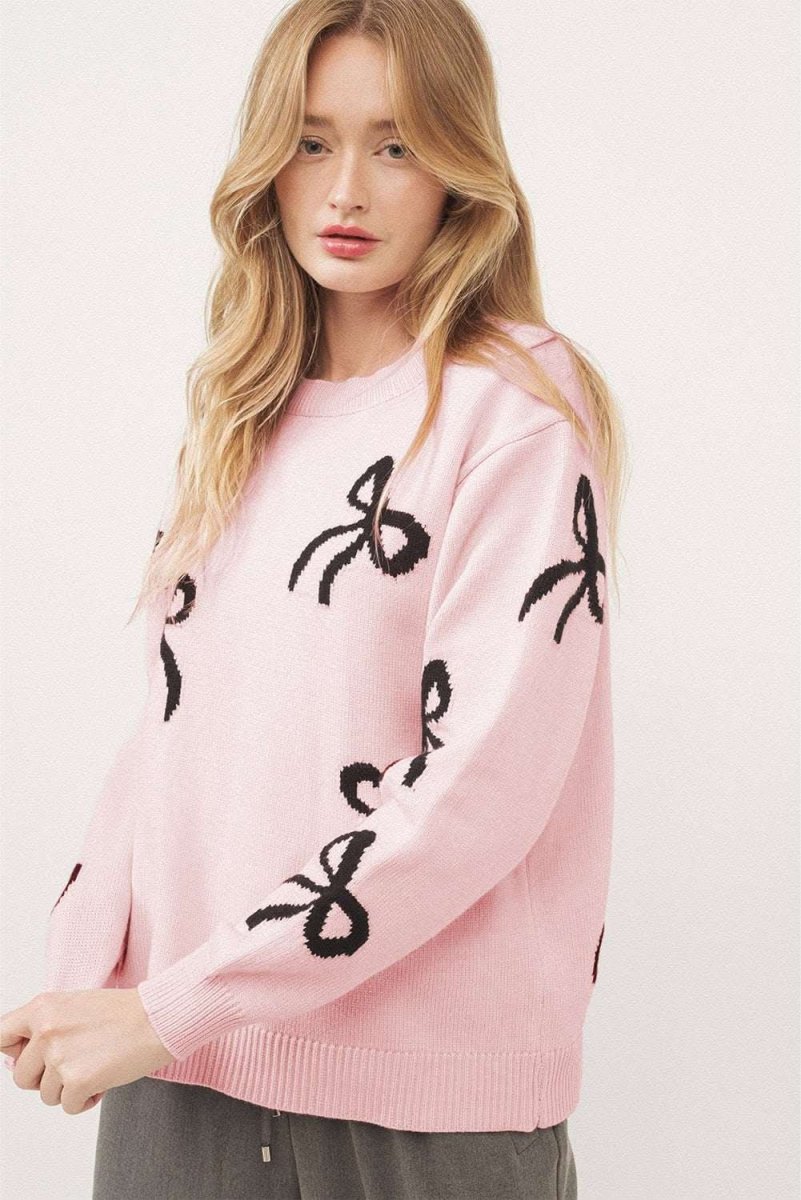 Light Pink Bow Print Cozy Knit Sweater - Love Salve